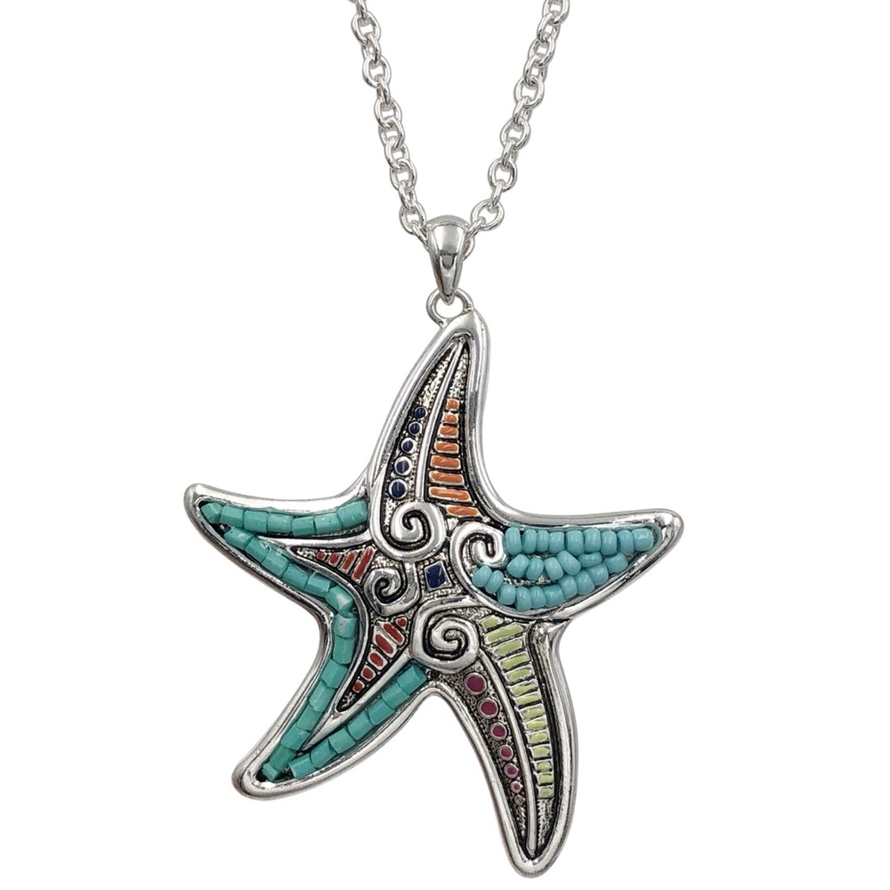 Multicolor Bead Starfish Long Silver Necklace